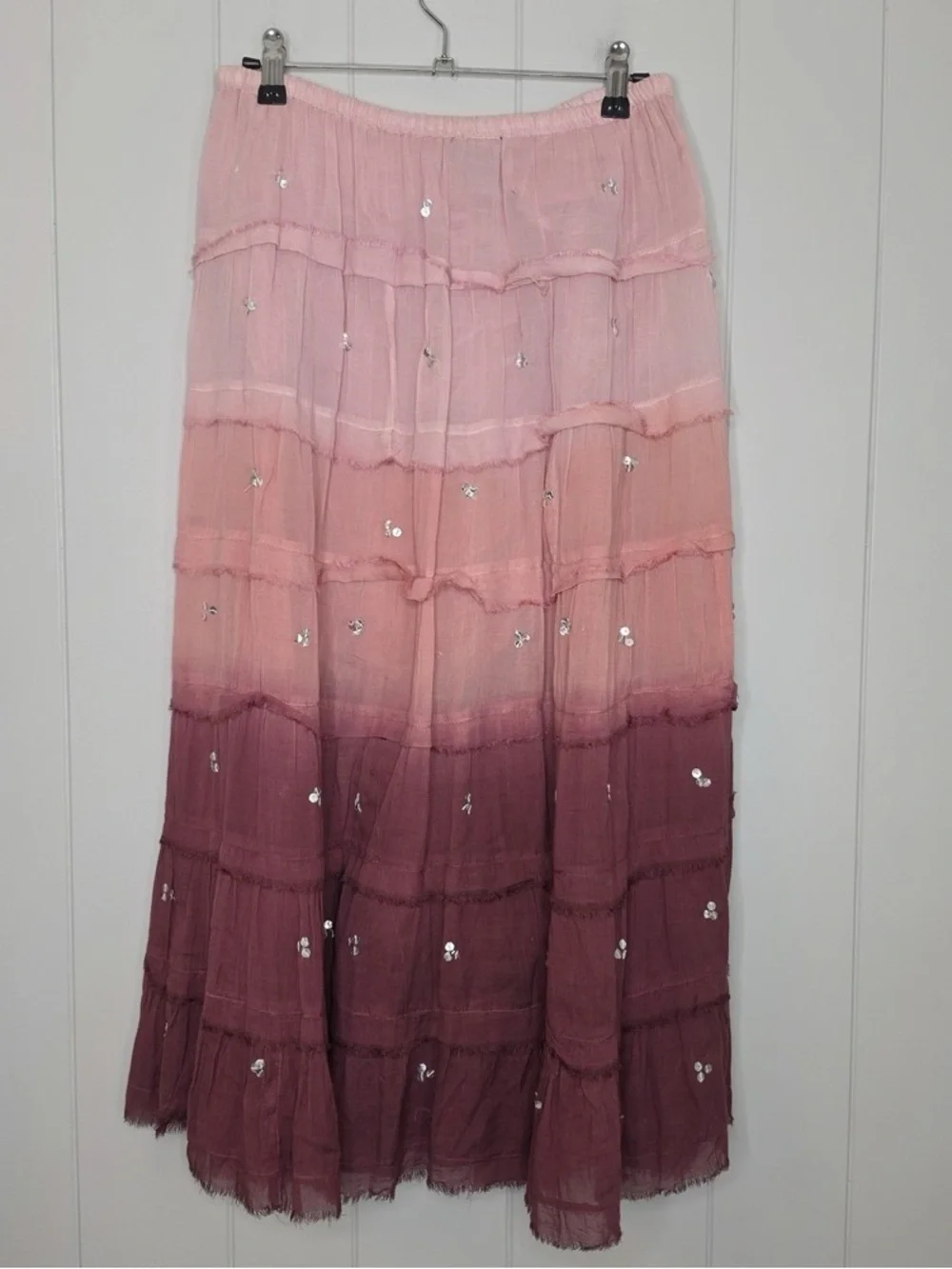 Boho Ombre Pink Tiered Sequin Maxi Skirt